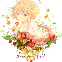 Rule 34 | 1girl, adapted costume, axis powers hetalia, bee, blonde hair, bow, bug, collarbone, dress, english text, flower, food, fruit, fukuda935, green eyes, holding, holding food, holding fruit, bug, leaf, liechtenstein (hetalia), pink dress, plant, pleated dress, puffy sleeves, ribbon, short hair, short sleeves, smile, solo, strawberry, text focus