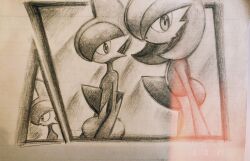 Rule 34 | 1boy, 1girl, ame (metorui), arms at sides, bob cut, closed mouth, creatures (company), dated, dot mouth, flat chest, from side, gallade, game freak, gardevoir, gen 3 pokemon, gen 4 pokemon, greyscale, highres, looking at viewer, mohawk, monochrome, multiple views, nintendo, outside border, pokemon, pokemon (creature), profile, short hair, sketch, standing, traditional media, upper body