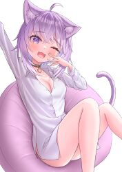 Rule 34 | 1girl, absurdres, ahoge, animal collar, animal ear fluff, animal ears, arm up, bean bag chair, blush, breasts, buttons, cat ears, cat girl, cat tail, collar, fang, hair between eyes, highres, hololive, kumoru (kumoru 145), large breasts, long sleeves, looking at viewer, nekomata okayu, nekomata okayu (oversized shirt), no panties, official alternate costume, one eye closed, open mouth, purple eyes, purple hair, shirt, short hair, simple background, sitting, smile, solo, tail, virtual youtuber, white background, white shirt