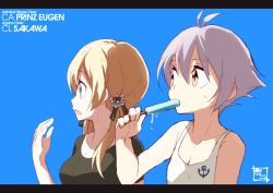Rule 34 | 10s, 2girls, anchor hair ornament, anchor symbol, antenna hair, bad id, bad twitter id, black shirt, blonde hair, blue background, blue eyes, brown eyes, character name, collarbone, eating, food, food in mouth, hair ornament, kantai collection, long hair, multiple girls, no headwear, popsicle, prinz eugen (kancolle), purple hair, sakawa (kancolle), shigino sohuzi, shirt, short hair, short sleeves, simple background, sweat, tank top, twintails, upper body