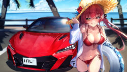 Rule 34 | 1girl, :q, bare shoulders, bikini, black ribbon, blush, breasts, car, character name, cleavage, closed mouth, collarbone, commentary request, day, drawstring, flower, front-tie bikini top, front-tie top, hair ribbon, halterneck, hand on headwear, hat, hat flower, hat ornament, heterochromia, highres, hololive, honda, honda nsx, houshou marine, innertube, jacket, large breasts, long sleeves, looking at viewer, motor vehicle, navel, off shoulder, open clothes, open jacket, outdoors, parking lot, red bikini, red eyes, red flower, red hair, red ribbon, ribbon, side-tie bikini bottom, smile, solo, straw hat, string bikini, sun hat, swim ring, swimsuit, thigh strap, tongue, tongue out, twintails, vehicle focus, virtual youtuber, white jacket, yellow eyes, you&#039;a