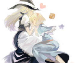 Rule 34 | 2girls, alice margatroid, bad id, bad pixiv id, blonde hair, bow, braid, capelet, cookie, couple, closed eyes, female focus, food, kissing forehead, hair bow, hairband, happy, hat, hat ribbon, holding hands, kirisame marisa, kiss, kissing forehead, long hair, multiple girls, ribbon, short hair, single braid, star (symbol), touhou, ume (plumblossom), yuri
