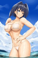 Rule 34 | 1girl, arcie albano, bikini, black thighhighs, blue hair, blue sky, breasts, cloud, commentary, covered navel, day, english commentary, eyepatch bikini, hair intakes, hand on own hip, headband, highres, hololive, hololive english, large breasts, mixed-language commentary, ocean, ouro kronii, outdoors, short hair, sky, soaking feet, solo, standing, swimsuit, thighhighs, virtual youtuber, wading, water, white bikini