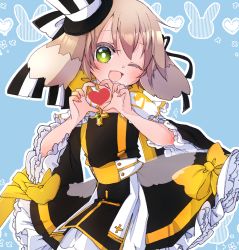 Rule 34 | 1girl, animal ears, arch bishop (ragnarok online), asuta (kinakomoti300), black dress, black hat, blue background, blush, bow, bright pupils, brown hair, commentary request, cowboy shot, cross, dress, dress bow, flat chest, floppy ears, frilled dress, frilled sleeves, frills, green eyes, hair between eyes, hat, heart, heart hands, highres, looking at viewer, official alternate costume, one eye closed, open mouth, rabbit ears, ragnarok online, short hair, smile, solo, striped clothes, striped headwear, top hat, two-tone dress, white dress, white hat, white pupils, yellow bow