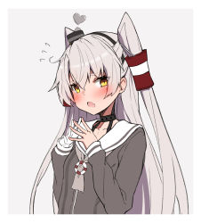 Rule 34 | 1girl, amatsukaze (kancolle), border, brown dress, choker, dress, fingers together, gloves, grey background, hair tubes, heart, highres, kantai collection, lifebuoy ornament, long hair, looking at viewer, sailor dress, silver hair, simple background, single glove, smokestack hair ornament, solo, takanashi kei (hitsujikan), two side up, upper body, white border, white gloves