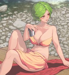 Rule 34 | 1girl, absurdres, alternate costume, alternate hairstyle, ballpoint pen (medium), bare shoulders, bikini, blanket, blush, bob cut, breasts, collarbone, commentary request, cup, day, deep skin, front-tie top, green hair, half-closed eyes, highres, huge breasts, kazami yuuka, legs, lips, looking afar, navel, orange bikini, outdoors, parted bangs, parted lips, red eyes, riverbank, rock, sarong, short hair, side slit, sidelighting, sitting, skinnytorch, smile, solo, stomach, stream, swimsuit, table, thighs, touhou, traditional media, water, wooden table