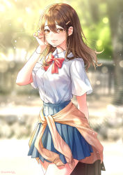 Rule 34 | 1girl, adjusting hair, arm behind back, bag, blue skirt, blurry, blurry background, bow, bowtie, brown eyes, brown hair, cardigan, cardigan around waist, closed mouth, clothes around waist, collared shirt, hair ornament, hairclip, highres, holding, holding bag, long hair, looking at viewer, original, outdoors, pleated skirt, red bow, red bowtie, school uniform, shirt, short sleeves, skirt, smile, solo, soyubee, standing, tree, uniform, white shirt