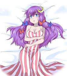 Rule 34 | 1girl, bare shoulders, blue eyes, blush, bow, breasts, cleavage, crescent, crescent hair ornament, dress, female focus, hair bow, hair ornament, iwatobi hiro, large breasts, long hair, looking at viewer, lying, no headwear, no headwear, on back, patchouli knowledge, purple hair, solo, touhou