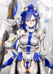 Rule 34 | 1girl, blue hair, breasts, commission, dated, gundam, gundam wing, gundam wing endless waltz, hand on own hip, highres, i.takashi, long hair, mecha musume, medium breasts, personification, ponytail, scowl, skeb commission, skin tight, solo, tallgeese iii, yellow eyes, zoom layer