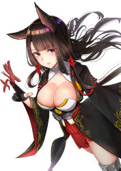 Rule 34 | 1girl, absurdres, akagi (azur lane), animal ears, azur lane, bad id, bad pixiv id, black hair, blunt bangs, blush, breasts, brown hair, cleavage, collarbone, commentary, floating hair, fox ears, fox tail, gloves, gui ss, hair ribbon, highres, japanese clothes, large breasts, long hair, long sleeves, looking at viewer, multiple tails, parted lips, partially fingerless gloves, red eyes, revision, ribbon, rigging, sidelocks, simple background, skindentation, smile, solo, tail, tassel, thighhighs, tress ribbon, white background, wide sleeves