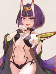 Rule 34 | 1girl, alcohol, bare shoulders, blush, bob cut, breasts, bridal gauntlets, collarbone, cup, eyeliner, fang, fate/grand order, fate (series), headpiece, highres, horns, japanese clothes, kimono, long sleeves, looking at viewer, makeup, navel, off shoulder, oni, open clothes, open kimono, open mouth, purple eyes, purple hair, purple kimono, revealing clothes, sakazuki, sake, short hair, shuten douji (fate), shyu, skin-covered horns, small breasts, smile, solo, wide sleeves