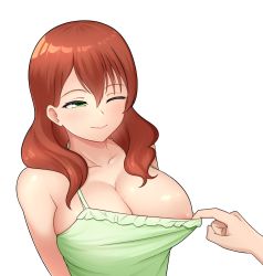 Rule 34 | 1girl, 1other, ;), absurdres, areola slip, assisted exposure, bare shoulders, breasts, camisole, camisole pull, closed mouth, clothes pull, emma verde&#039;s mother, freckles, green camisole, green eyes, hair between eyes, hair over shoulder, highres, large breasts, long hair, love live!, love live! nijigasaki high school idol club, mature female, no bra, one eye closed, red hair, simple background, skindentation, smile, solo focus, upper body, white background, yisusjpl