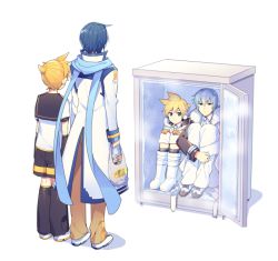 Rule 34 | 4boys, asymmetrical sleeves, bag, blank stare, blonde hair, blue eyes, blue hair, blue scarf, boots, coat, commentary, dual persona, from behind, full body, fur-trimmed coat, fur trim, hands on own knees, high collar, holding, holding bag, hugging own legs, in container, in refrigerator, kagamine len, kaito (vocaloid), long scarf, male focus, multiple boys, pants, ponytail, refrigerator, sailor collar, scarf, short hair, shorts, sinaooo, sitting, standing, uneven sleeves, vocaloid, white background, wide shot, winter clothes, winter coat