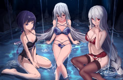 Rule 34 | 3girls, andreana (arknights), arknights, arm support, babydoll, bare legs, bare shoulders, black bra, black panties, blue bra, blue panties, bra, braid, breasts, cleavage, collarbone, commentary, english commentary, female focus, finger to mouth, garter straps, hands on ground, index finger raised, large breasts, lingerie, long hair, looking at viewer, medium breasts, multiple girls, nev (nevblindarts), panties, partially submerged, purple eyes, purple hair, red bra, red eyes, red panties, short hair, silver hair, sitting, skadi (arknights), smile, specter (arknights), thighhighs, underwear, very long hair, wariza, water, yokozuwari