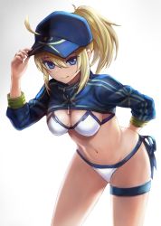 Rule 34 | 1girl, artoria pendragon (fate), baseball cap, bikini, blonde hair, blue eyes, blue hat, blue jacket, breasts, cowboy shot, cropped jacket, fate/grand order, fate (series), gradient background, hair between eyes, hat, highres, holding, holding clothes, holding hat, jacket, leaning forward, looking at viewer, medium breasts, mysterious heroine x (fate), mysterious heroine xx (fate), ponytail, sanshi, shrug (clothing), side-tie bikini bottom, smile, solo, swimsuit, white background, white bikini, wristband
