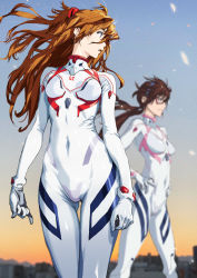 Rule 34 | 2girls, arms at sides, blue eyes, blurry, bodysuit, breasts, brown hair, covered navel, curvy, depth of field, evangelion: 3.0+1.0 thrice upon a time, floating hair, glasses, gloves, hands on own hips, headgear, highres, interface headset, kiyohisa, long hair, looking away, looking to the side, low twintails, makinami mari illustrious, multiple girls, neon genesis evangelion, open mouth, plugsuit, rebuild of evangelion, shiny clothes, skin tight, sky, souryuu asuka langley, twintails, very long hair, white bodysuit, wide hips, wind