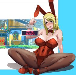 Rule 34 | 1girl, animal ears, black pantyhose, blonde hair, blush, bow, bowtie, breasts, brown eyes, cleavage, curvy, cyberunique, detached collar, fairy tail, fake animal ears, female focus, high heels, holding, holding sign, large breasts, leotard, long hair, lucy heartfilia, open mouth, pantyhose, partially visible vulva, playboy bunny, rabbit ears, shiny skin, shoes, sign, sitting, spread legs, text focus, wrist cuffs