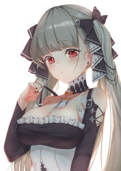 Rule 34 | 1girl, absurdres, azur lane, bare shoulders, between breasts, birkai, black dress, blush, breasts, cleavage, commentary request, dress, earrings, formidable (azur lane), frilled dress, frills, grey hair, hair ribbon, highres, jewelry, large breasts, long hair, long sleeves, looking at viewer, red eyes, ribbon, simple background, solo, twintails, very long hair, white background