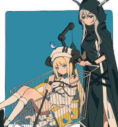 Rule 34 | 2girls, animal, animal on head, arknights, bare shoulders, bird, bird on head, black cape, black dress, blonde hair, blue background, blue eyes, blunt bangs, boots, border, bright pupils, brown eyes, cape, closed mouth, coldcat., dress, expressionless, grey hair, hat, highres, holding, holding staff, hood, hooded sweater, horns, horns through headwear, knee boots, knees up, long hair, long sleeves, looking at viewer, multiple girls, nightingale (arknights), on head, outside border, shining (arknights), shopping cart, simple background, sitting, staff, standing, sweater, very long hair, white border, white dress, white footwear, white headwear