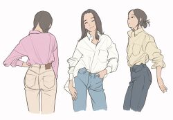 Rule 34 | 3girls, ^ ^, braid, brown hair, brown shirt, closed eyes, denim, expressionless, feet out of frame, hand in pocket, hand on own hip, highres, looking away, looking to the side, multiple girls, original, pink shirt, riyama, shirt, sidelocks, simple background, standing, twin braids, white background, white shirt