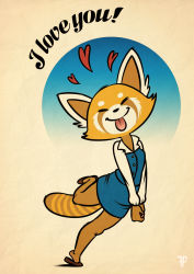 Rule 34 | 1girl, ^ ^, absurdres, aggressive retsuko, animal ears, artist name, blue skirt, blue vest, body fur, breasts, brown footwear, brown fur, buttons, closed eyes, closed mouth, collared shirt, english text, facing viewer, female focus, fox-pop vli, furry, furry female, happy, heart, highres, leaning to the side, leg up, long sleeves, miniskirt, multicolored fur, office lady, own hands together, panda ears, panda girl, panda tail, pencil skirt, retsuko, shirt, shoes, skirt, small breasts, smile, solo, standing, standing on one leg, striped tail, tail, tongue, tongue out, v arms, vest, watermark, white fur, white shirt, yellow fur