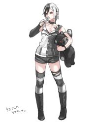 Rule 34 | 1girl, arm warmers, black footwear, black hair, black shorts, boots, breasts, butterfly tattoo, candy, character request, chest tattoo, collarbone, copyright request, food, frown, full body, grey eyes, grey thighhighs, gufu (guffuumu), heterochromia, holding, holding candy, holding food, holding lollipop, holding stuffed toy, lollipop, multicolored hair, orange eyes, shirt, short hair, short shorts, shorts, sidelocks, simple background, single arm warmer, sleeveless, sleeveless shirt, small breasts, solo, standing, stuffed animal, stuffed toy, tachi-e, tattoo, teddy bear, thighhighs, thighs, two-tone hair, two-tone shirt, two-tone thighhighs, white background, white hair, white thighhighs, zipper, zipper pull tab