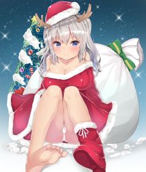 Rule 34 | 1girl, akino ell, alternate hairstyle, bare shoulders, barefoot, blue eyes, breasts, christmas tree, cleavage, feet, hat, highres, kantai collection, kashima (kancolle), large breasts, looking at viewer, multicolored hair, panties, santa costume, santa hat, shoes, short hair, silver hair, single shoe, sitting, smile, soles, solo, toes, two-tone hair, underwear, white panties