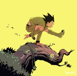 Rule 34 | 1boy, black hair, boots, feriowind, from side, full body, gon freecss, green footwear, hunter x hunter, jacket, jumping, leaf, male focus, parkour, shorts, solo, spiked hair, branch