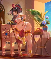 1girl ancient_egyptian ancient_egyptian_clothes ankh ankh_earrings armlet ass bikini black_hair blush bracelet breasts budget_sarashi chair commentary_request dark-skinned_female dark_skin egyptian_art egyptian_mythology flower food fruit hair_ornament hand_on_own_ass head_wings highres jewelry komiya_nigi looking_at_viewer micro_bikini original pyramid_(structure) sandals sarashi solo swimsuit thigh_strap vase wings yellow_eyes