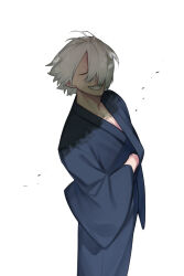 Rule 34 | 1boy, blue kimono, closed mouth, cowboy shot, facing viewer, floating hair, gegege no kitarou, grey hair, grin, highres, japanese clothes, kimono, long sleeves, male focus, medama oyaji, medama oyaji (human), short hair, simple background, smile, solo, standing, white background, wide sleeves, zzb azz
