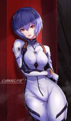 Rule 34 | 1girl, ayanami rei, blue eyes, blue hair, bodysuit, breasts, commentary request, copyright name, hair between eyes, hair ornament, highres, large breasts, leaning to the side, legs together, looking at viewer, neon genesis evangelion, parted lips, plugsuit, re (re 09), red eyes, short hair, solo, standing, white bodysuit