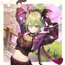 Rule 34 | 1girl, absurdres, black shirt, blush, breasts, commentary request, crop top, cropped jacket, genshin impact, gloves, green hair, hair between eyes, hair ornament, highres, holding, holding mask, jacket, kuki shinobu, long sleeves, looking at viewer, mask, unworn mask, medium breasts, midriff, mouth mask, navel, official art, one eye closed, ponytail, purple eyes, purple jacket, shirt, shorts, solo, stretching, upper body