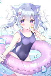 Rule 34 | 1girl, animal ear fluff, animal ears, azumi kazuki, bare shoulders, blue hair, blush, bow, breasts, cat ears, collarbone, commentary request, covered navel, fish hair ornament, food, frilled innertube, hair bow, hair ornament, hairclip, highres, holding, holding food, ice cream, innertube, looking at viewer, one-piece swimsuit, original, parted lips, polka dot innertube, purple eyes, purple one-piece swimsuit, small breasts, solo, swim ring, swimsuit, transparent, twintails, white bow, wrist cuffs