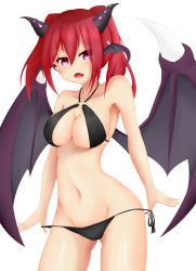 Rule 34 | 1girl, absurdres, asla yu, bikini, bikini pull, black bikini, breasts, clothes pull, collarbone, contrapposto, covered erect nipples, cowboy shot, demon girl, demon wings, elsword, fang, gluteal fold, hair between eyes, head wings, highres, karis (elsword), large breasts, long hair, looking at viewer, navel, o-ring, o-ring bikini, open mouth, pointy ears, red hair, side-tie bikini bottom, solo, spiked wings, standing, string bikini, swimsuit, twintails, white background, wings