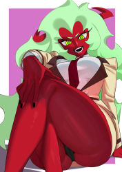 Rule 34 | 1girl, absurdres, black nails, colored skin, crossed legs, demon girl, feet out of frame, green eyes, green hair, highres, horns, long hair, long sleeves, looking at viewer, nail polish, necktie, nia (nia4294), open mouth, panty &amp; stocking with garterbelt, purple background, red necktie, red skin, scanty (psg), shadow, shirt, smile, solo, very long hair, white shirt