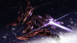Rule 34 | arm blade, chainsaw, charging forward, from side, highres, kawasemi alter, mecha, muv-luv, muv-luv alternative, no humans, open hands, purple eyes, robot, snow, solo, su-47 berkut (muv-luv), tactical surface fighter, thrusters, weapon
