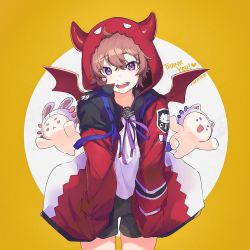 Rule 34 | 1girl, ahoge, brown hair, brown shorts, character request, commentary request, copyright request, dated, fake horns, fake wings, hand in jacket, hood, horned hood, horns, jacket, long sleeves, looking at viewer, nagu, open mouth, purple eyes, purple ribbon, red jacket, red wings, ribbon, shirt, short hair, shorts, solo, teeth, thank you, upper teeth only, white shirt, wings, yellow background