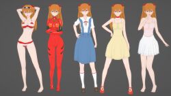 Rule 34 | 1girl, 3d, absurdres, alternate costume, artist request, bare legs, bare shoulders, bikini, blue eyes, bodysuit, breasts, brown hair, character sheet, cleavage, dress, full body, hand on own hip, highres, long hair, looking at viewer, medium breasts, multicolored clothes, multiple views, neon genesis evangelion, plugsuit, red bodysuit, school uniform, shiny clothes, simple background, skin tight, skirt, smile, souryuu asuka langley, standing, string bikini, striped bikini, striped clothes, sundress, swimsuit, toes, tokyo-3 middle school uniform, two side up, yellow dress