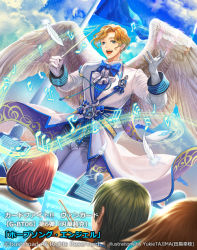 Rule 34 | 1boy, 3others, artist name, blonde hair, blue eyes, bow, bowtie, brown hair, cardfight!! vanguard, cloud, company name, copyright name, copyright notice, day, feathered wings, feathers, gloves, green hair, hopesong angel, male focus, multiple others, musical note, official art, open mouth, pink hair, sky, solo focus, sparkle, tajima yukie, teeth, wings