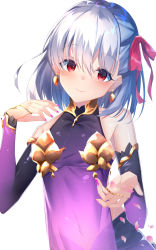 Rule 34 | 1girl, absurdres, bare shoulders, blush, bow, closed mouth, commentary request, detached sleeves, dress, earrings, fate/grand order, fate (series), fingernails, hair between eyes, hair bow, hands up, head tilt, highres, jewelry, kama (fate), kama (first ascension) (fate), long sleeves, matou sakura, nail polish, petals, pink nails, purple dress, purple sleeves, red bow, red eyes, silver hair, simple background, sleeveless, sleeveless dress, smile, solo, suisen-21, white background