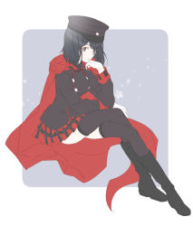 Rule 34 | 1girl, akitsu maru (kancolle), bad id, bad twitter id, black eyes, black footwear, black hair, black hat, black thighhighs, boots, cape, commentary request, gloves, hair between eyes, hat, kantai collection, long sleeves, military, military uniform, peaked cap, pleated skirt, red cape, red skirt, shiosoda, short hair, skirt, solo, thighhighs, uniform, white gloves