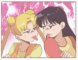 Rule 34 | 2girls, annoyed, bishoujo senshi sailor moon, black hair, blonde hair, blue eyes, blush, border, brown eyes, commentary, crossed arms, double bun, electricity, face-to-face, hair bun, hino rei, long hair, looking at another, multiple girls, overalls, parted bangs, pink background, shirt, straight hair, t-shirt, tongue, tongue out, tsubobot, tsukino usagi, tsurime, twintails, upper body, yellow shirt