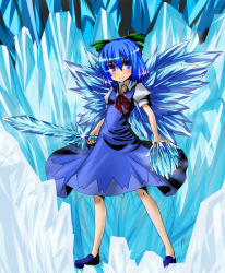 Rule 34 | 1girl, blue dress, blue eyes, blue hair, blush, bow, byoubyou, cirno, crystal sword, dress, full body, green bow, hair between eyes, hair bow, holding, holding weapon, ice, looking to the side, matching hair/eyes, puffy short sleeves, puffy sleeves, red ribbon, ribbon, short hair, short sleeves, smile, solo, standing, sword, touhou, touhou hisoutensoku, weapon, wings