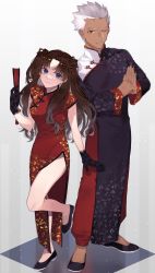 1boy, 1girl, alternate costume, archer, bangs, bare legs, black footwear, black gloves, blue eyes, brown hair, china dress, chinese clothes, closed mouth, commentary request, dark skin, dark skinned male, dress, fan, fate/stay night, fate (series), full body, gloves, grey background, grey hair, hands together, hands up, highres, holding, holding fan, leg up, long hair, looking at viewer, one eye closed, parted bangs, red dress, shimatori (sanyyyy), shoes, short hair, short sleeves, smile, standing, tohsaka rin, two side up