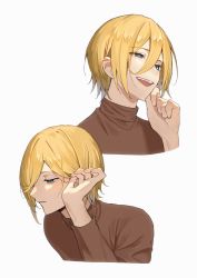 Rule 34 | 1boy, 55mot0, :d, adjusting hair, bishounen, blonde hair, blue eyes, blush, brown shirt, cropped shoulders, ensemble stars!, eyelashes, hair between eyes, hand on own chin, hand up, highres, long sleeves, looking away, male focus, multiple views, open mouth, parted lips, shirt, short hair, sidelocks, simple background, smile, solo, teeth, tenshouin eichi, turtleneck, upper body, upper teeth only, white background