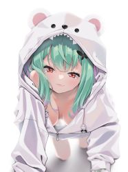 Rule 34 | 1girl, agnamore, all fours, alternate breast size, animal ears, animal hood, bear ears, bear hood, blush, breasts, butterfly hair ornament, closed mouth, commentary request, downblouse, fake animal ears, fang, fang out, green hair, green nails, hair ornament, hanging breasts, highres, hololive, hood, hood up, hooded jacket, jacket, long hair, long sleeves, looking at viewer, medium breasts, multicolored hair, nail polish, naked jacket, no bra, purple hair, red eyes, sleeves past wrists, smile, solo, streaked hair, thick eyebrows, uruha rushia, uruha rushia (school uniform), virtual youtuber, white background, white jacket