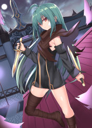 Rule 34 | 1girl, ahoge, antenna hair, aqua hair, asymmetrical legwear, bandage on face, bandaged leg, bandages, black dress, black legwear, black scarf, closed mouth, commentary request, dagger, detached sleeves, dress, feet out of frame, hair between eyes, highres, holding, holding dagger, holding knife, holding weapon, knife, long hair, looking at viewer, looking to the side, mahcdai, moon, night, original, red eyes, road, rooftop, scarf, shirt, sky, sleeveless, sleeveless shirt, solo, standing, standing on one leg, star (sky), starry sky, street, uneven legwear, very long hair, weapon