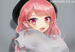 Rule 34 | :d, alternate costume, arm across chest, arm up, bad id, bad pixiv id, bang dream!, black hat, character name, commentary request, ear piercing, earrings, grey background, grey sweater, hat, jewelry, looking at viewer, maruyama aya, medium hair, open mouth, piercing, pink eyes, pink hair, rudo (rudorudo0917), shadow, simple background, sleeves past fingers, sleeves past wrists, smile, solo, sweater, upper body
