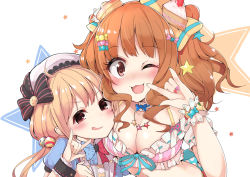 Rule 34 | 10s, 2girls, ;3, ;d, bad id, bad pixiv id, beret, blonde hair, bow, breasts, cleavage, commentary request, eyebrows, food-themed hair ornament, futaba anzu, hair bobbles, hair bow, hair ornament, haru mari, hat, highres, idolmaster, idolmaster cinderella girls, idolmaster cinderella girls starlight stage, large breasts, long hair, looking at viewer, moroboshi kirari, multicolored nails, multiple girls, nail polish, one eye closed, open mouth, orange hair, smile, tongue, tongue out, upper body
