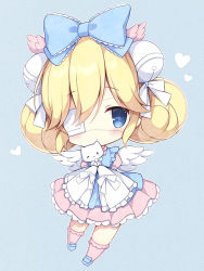 Rule 34 | 1girl, animal, apron, bell, blonde hair, blue apron, blue background, blue bow, blue eyes, blue footwear, blush, bow, cat, chibi, closed mouth, commentary request, commission, cutesu (cutesuu), double bun, dress, eyepatch, feathered wings, frilled apron, frilled dress, frilled sleeves, frilled socks, frills, full body, hair bell, hair between eyes, hair bow, hair bun, hair ornament, heart, izuminanase, jingle bell, kneehighs, layered sleeves, loafers, long sleeves, medical eyepatch, original, pink dress, pink socks, pleated dress, puffy short sleeves, puffy sleeves, shoes, short over long sleeves, short sleeves, simple background, skeb commission, sleeves past fingers, sleeves past wrists, socks, solo, white cat, white wings, wings
